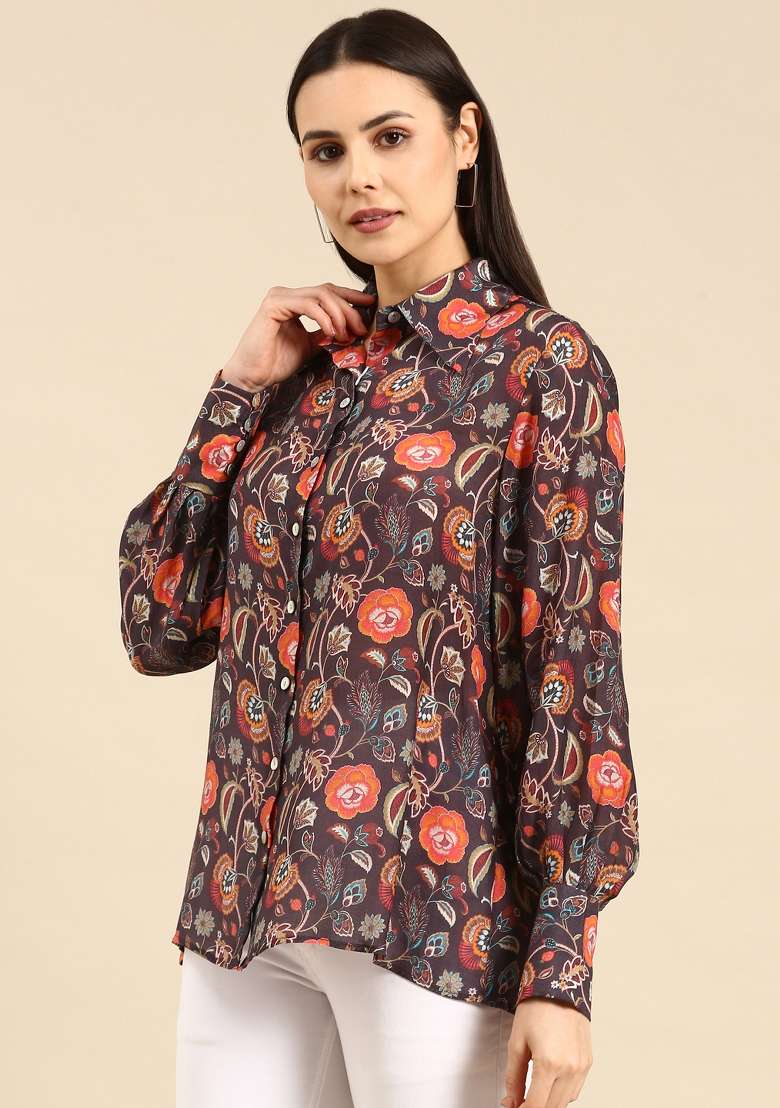 Brown Orange Printed Muslin Top - Indya