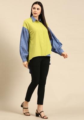 Green Blue Solid Cotton Top