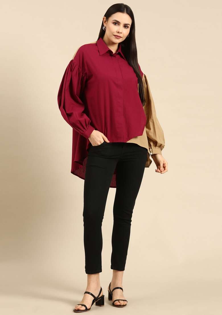 Burgandy Mustard Solid Cotton Top - Indya