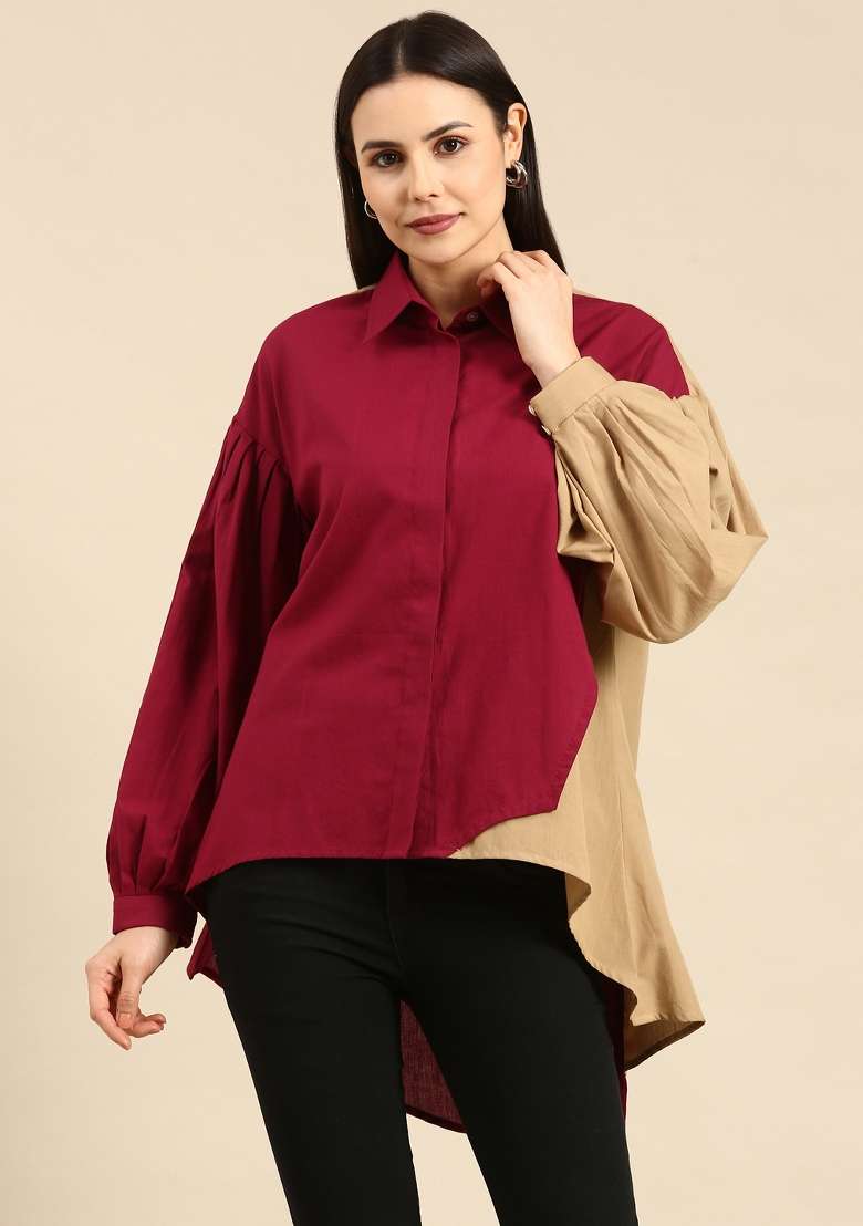 Burgandy Mustard Solid Cotton Top - Indya