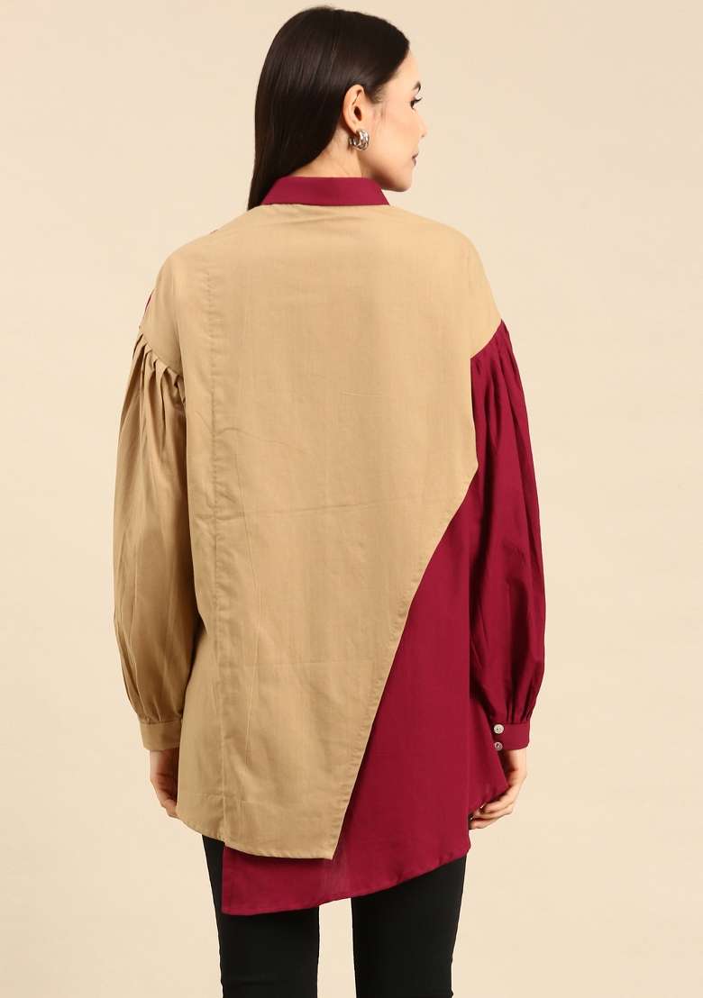 Burgandy Mustard Solid Cotton Top - Indya