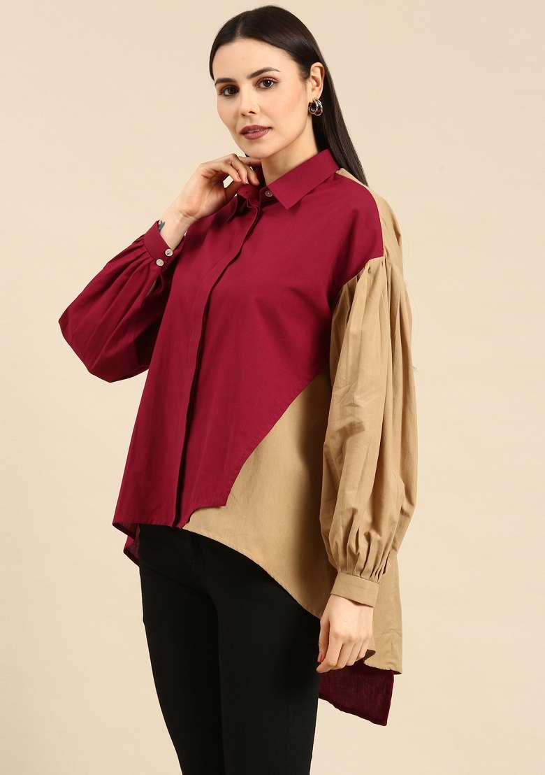 Burgandy Mustard Solid Cotton Top - Indya