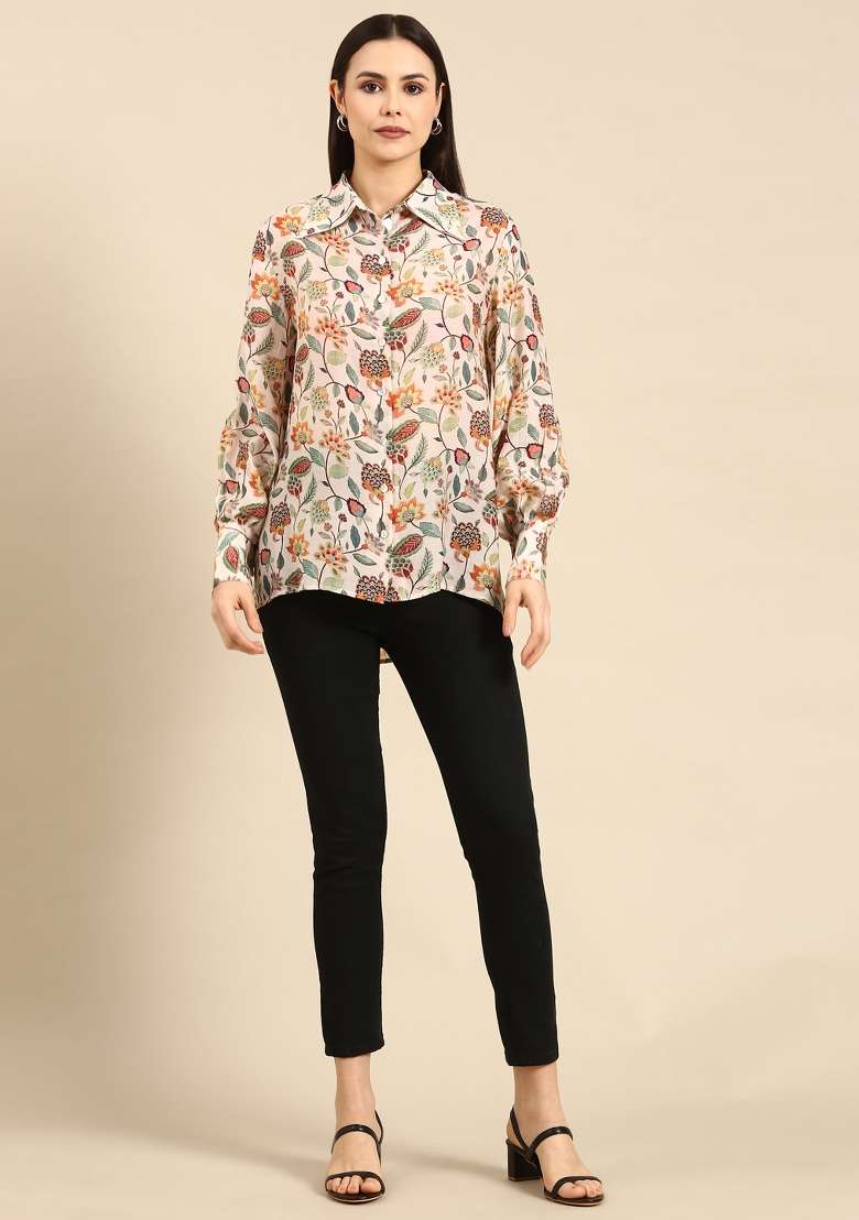 Cream Printed Muslin Top - Indya