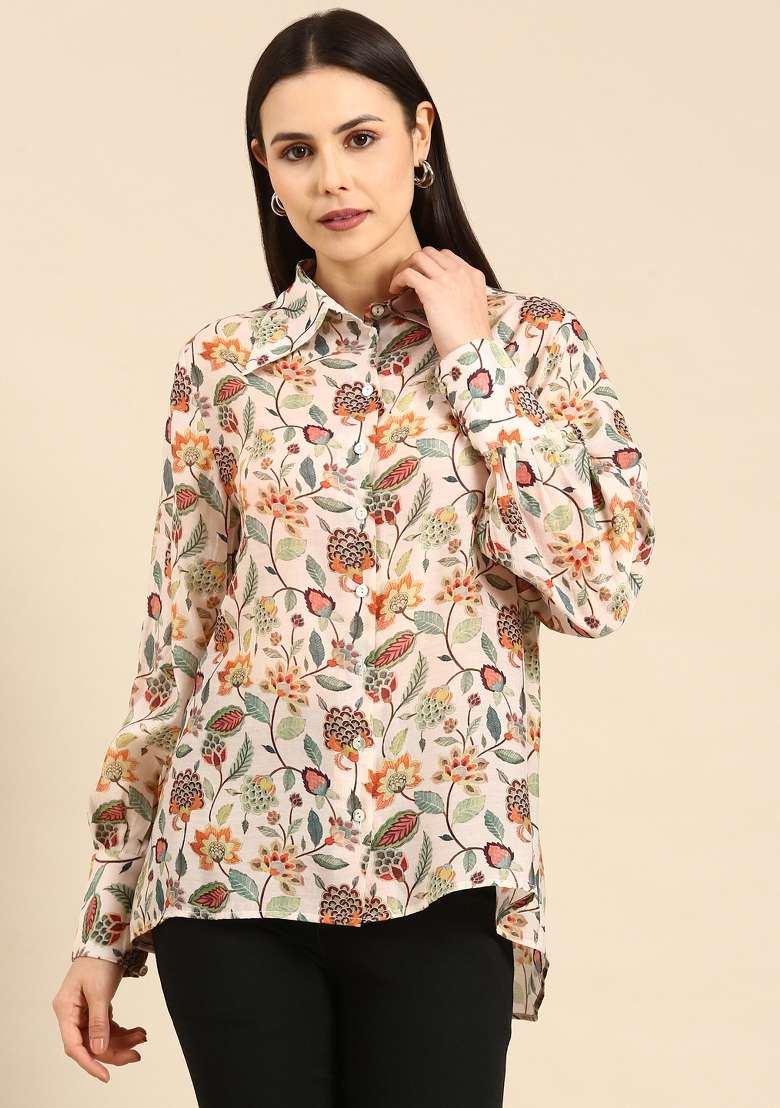 Cream Printed Muslin Top - Indya
