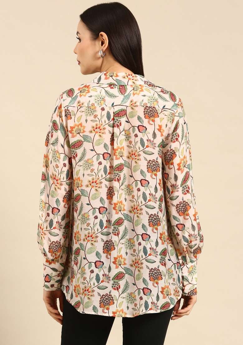 Cream Printed Muslin Top - Indya