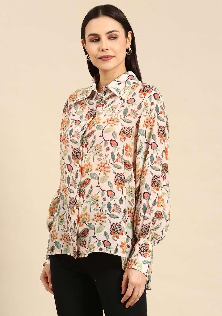Cream Printed Muslin Top - Indya