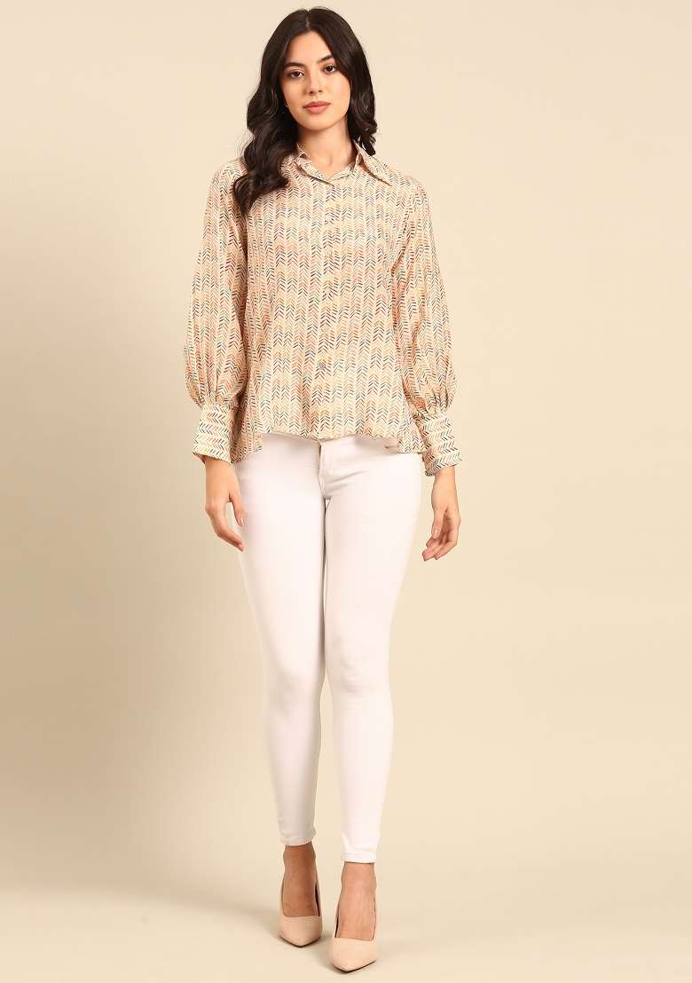 Cream Printed Muslin Top - Indya