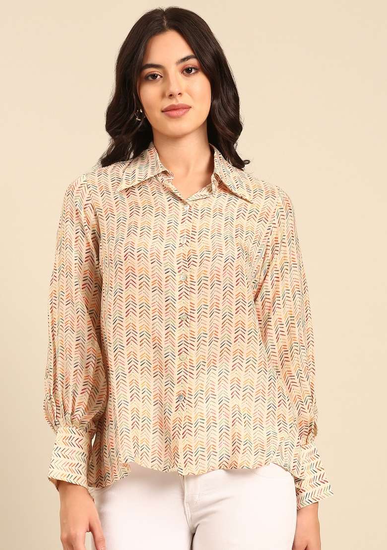 Cream Printed Muslin Top - Indya