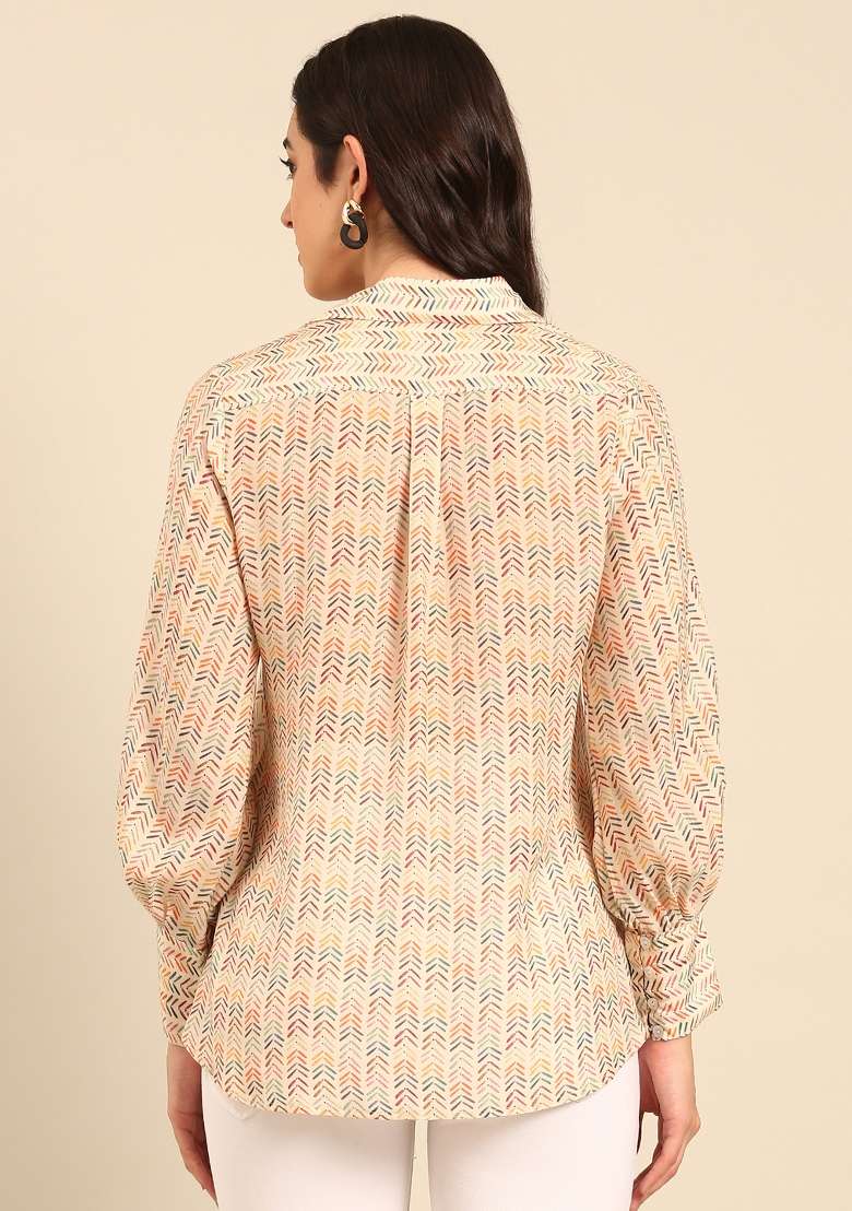 Cream Printed Muslin Top - Indya