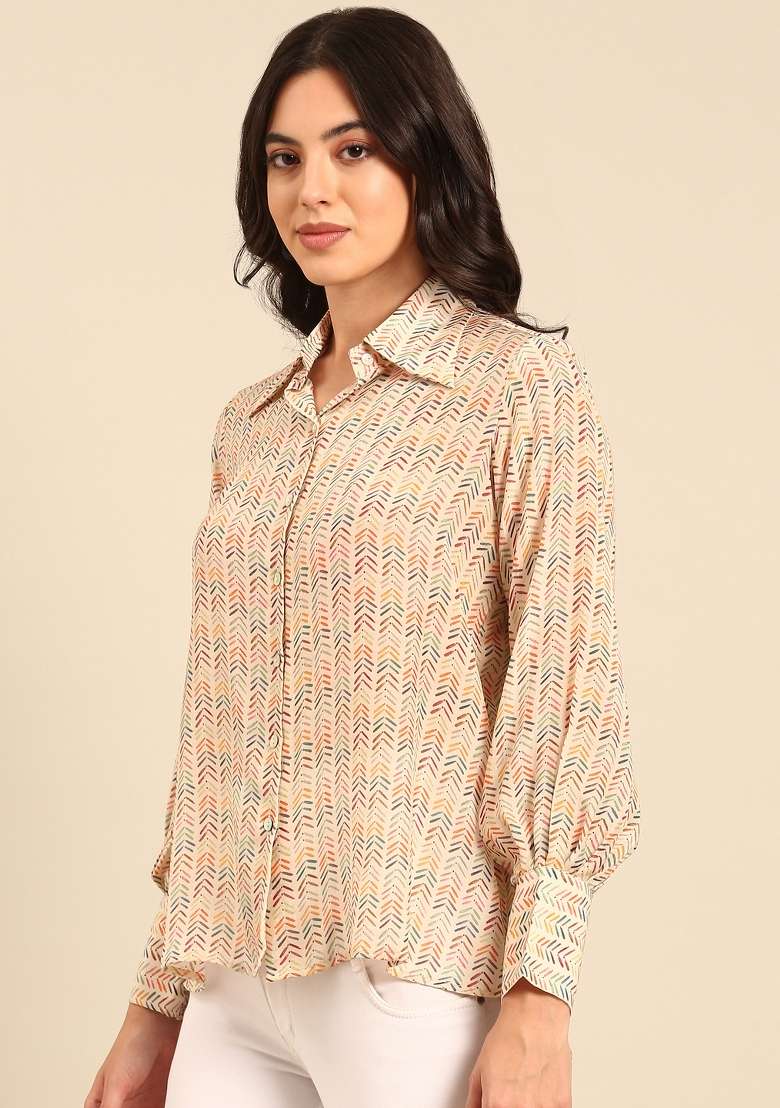 Cream Printed Muslin Top - Indya