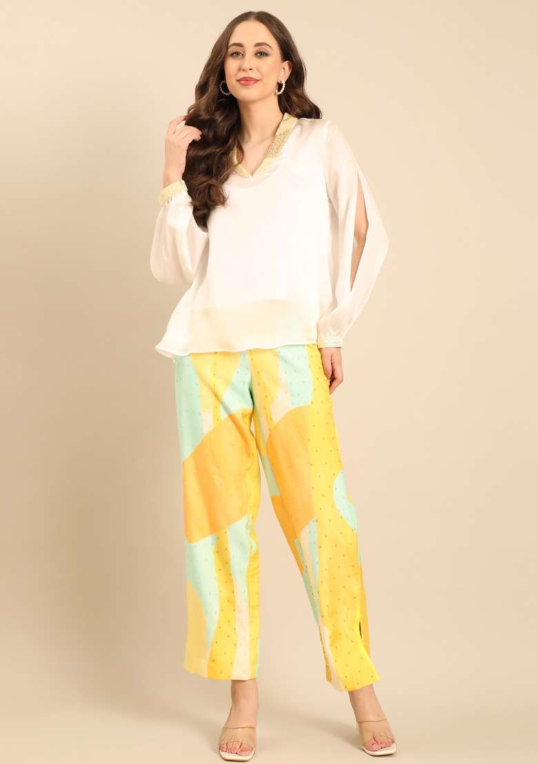 Ivory And Yellow Solid Satin Top - Indya