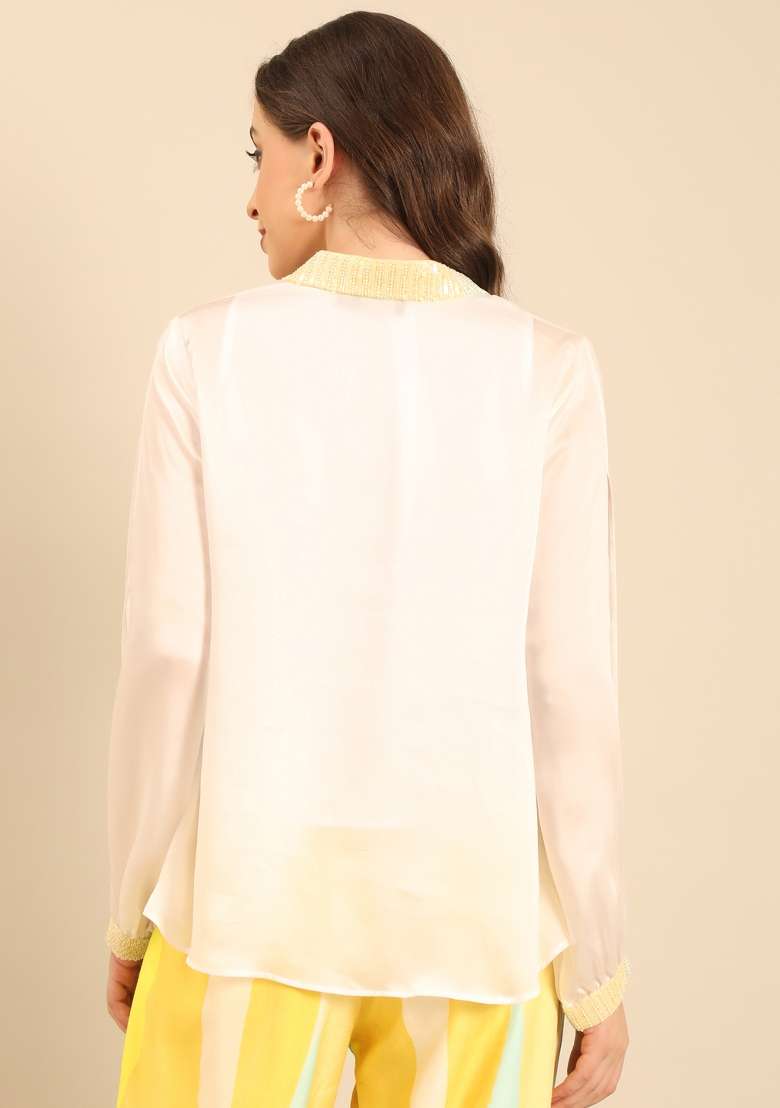 Ivory And Yellow Solid Satin Top - Indya