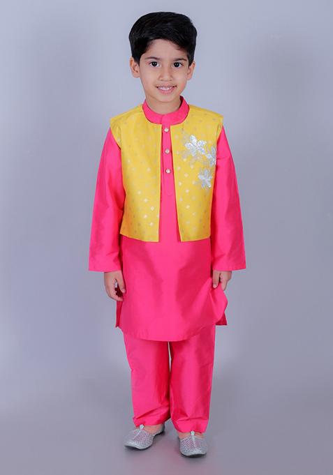 Pink Foil Print Jacket With Kurta And Pajama (Set of 3)