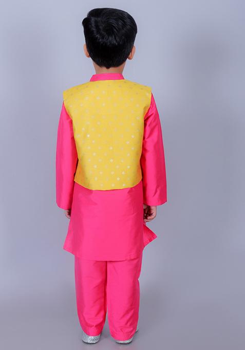 Pink Foil Print Jacket With Kurta And Pajama (Set of 3)