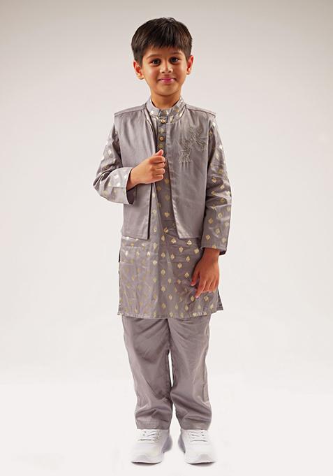 Grey Foil Print Jacket With Kurta And Pants (Set of 3)