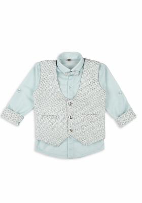 Sky Blue Jacquard Work Cotton Blend Nehru Jacket Set For Boy