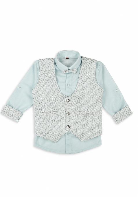 Sky Blue Jacquard Work Cotton Blend Nehru Jacket Set For Boy