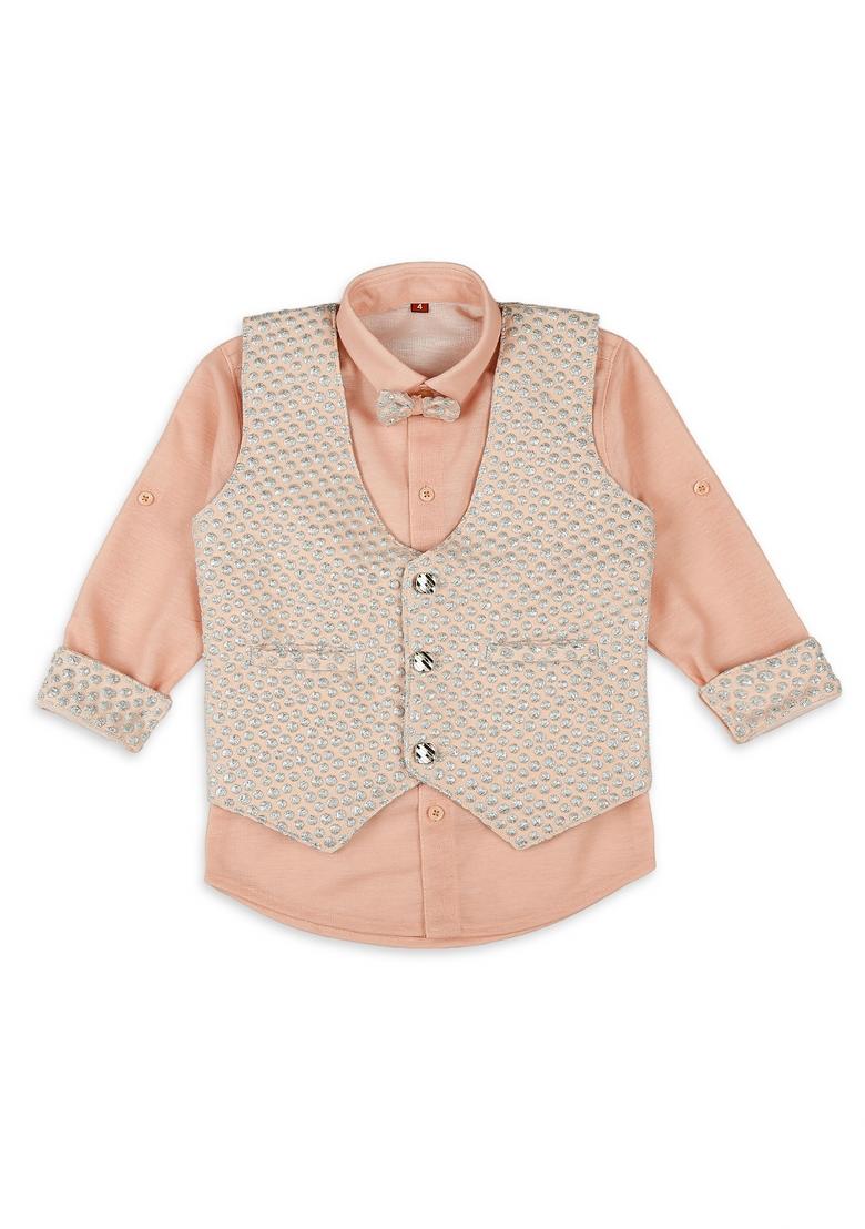 Peach Jacquard Work Cotton Blend Nehru Jacket Set For Boy