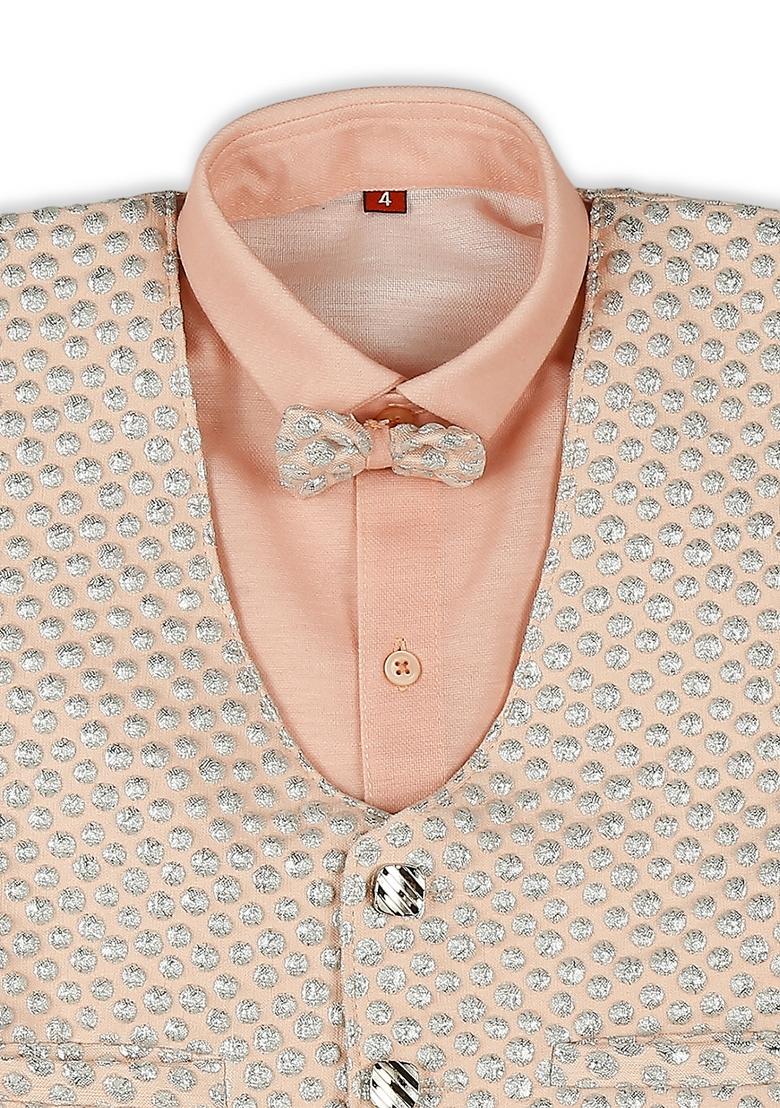 Peach Jacquard Work Cotton Blend Nehru Jacket Set For Boy