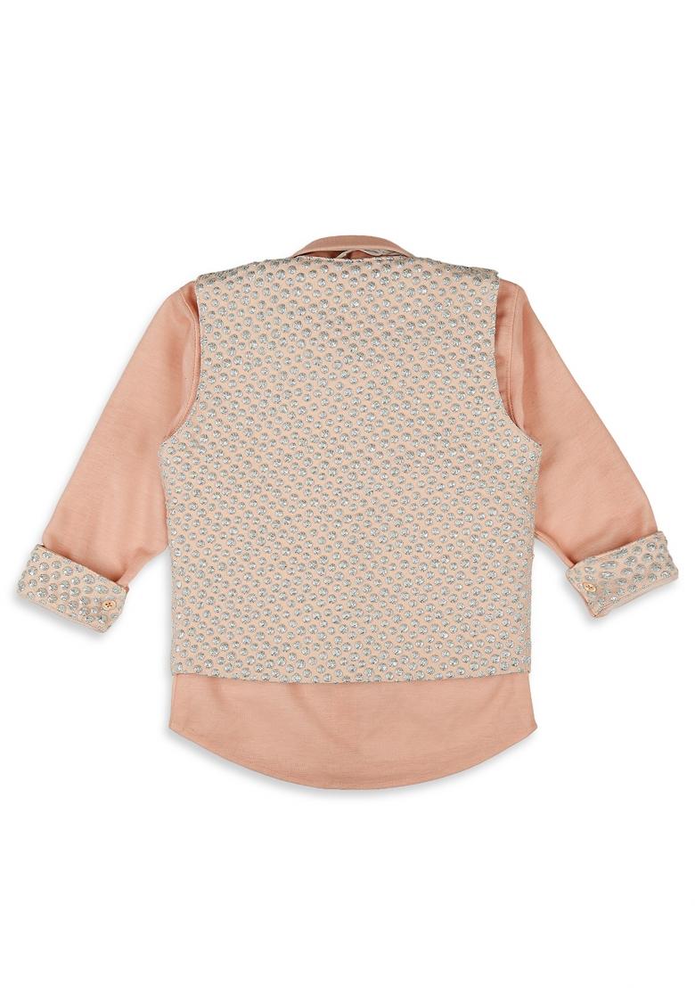 Peach Jacquard Work Cotton Blend Nehru Jacket Set For Boy