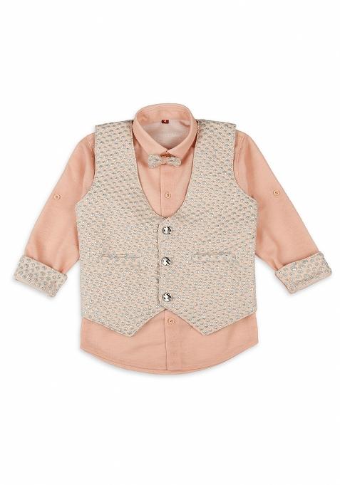 Peach Jacquard Work Cotton Blend Nehru Jacket Set For Boy