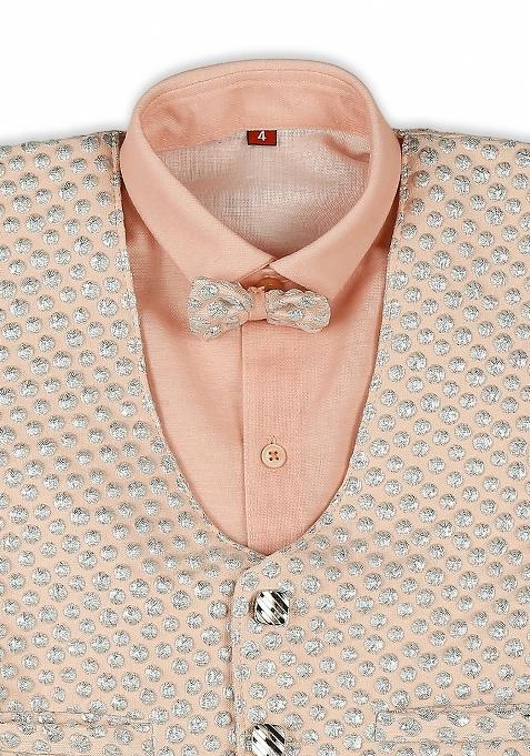Peach Jacquard Work Cotton Blend Nehru Jacket Set For Boy