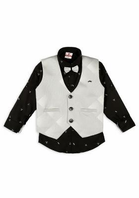 Peach Jacquard Work Cotton Blend Nehru Jacket Set For Boy