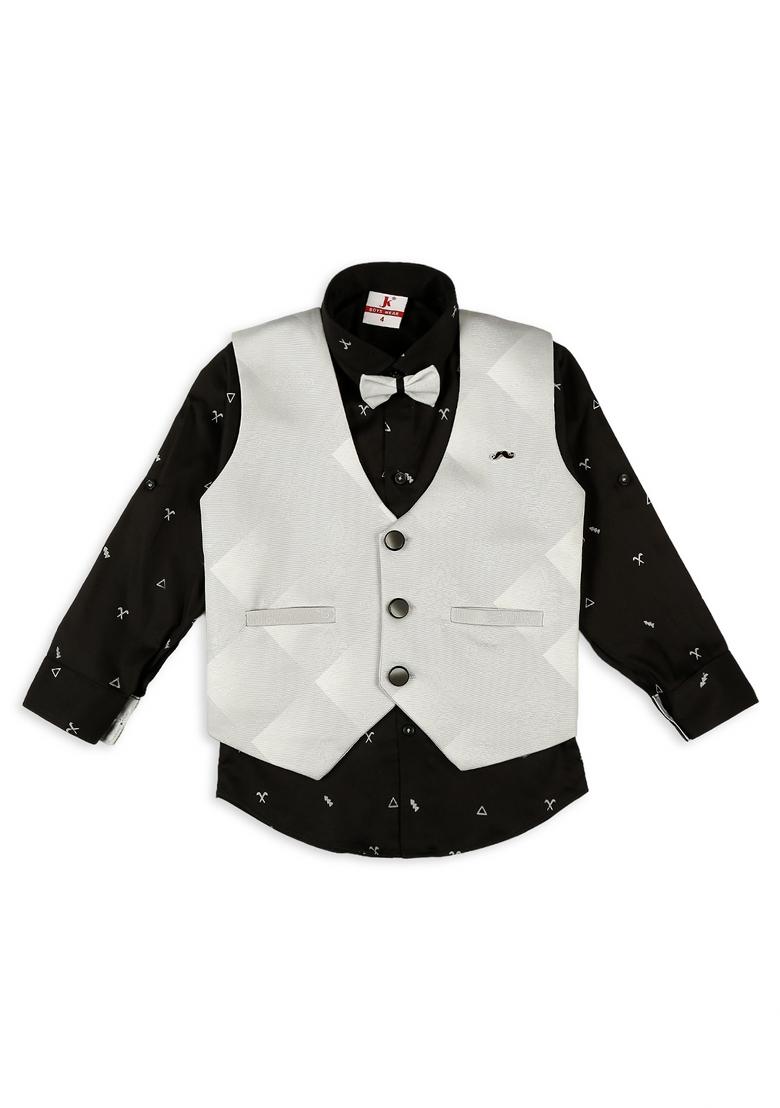 Peach Jacquard Work Cotton Blend Nehru Jacket Set For Boy