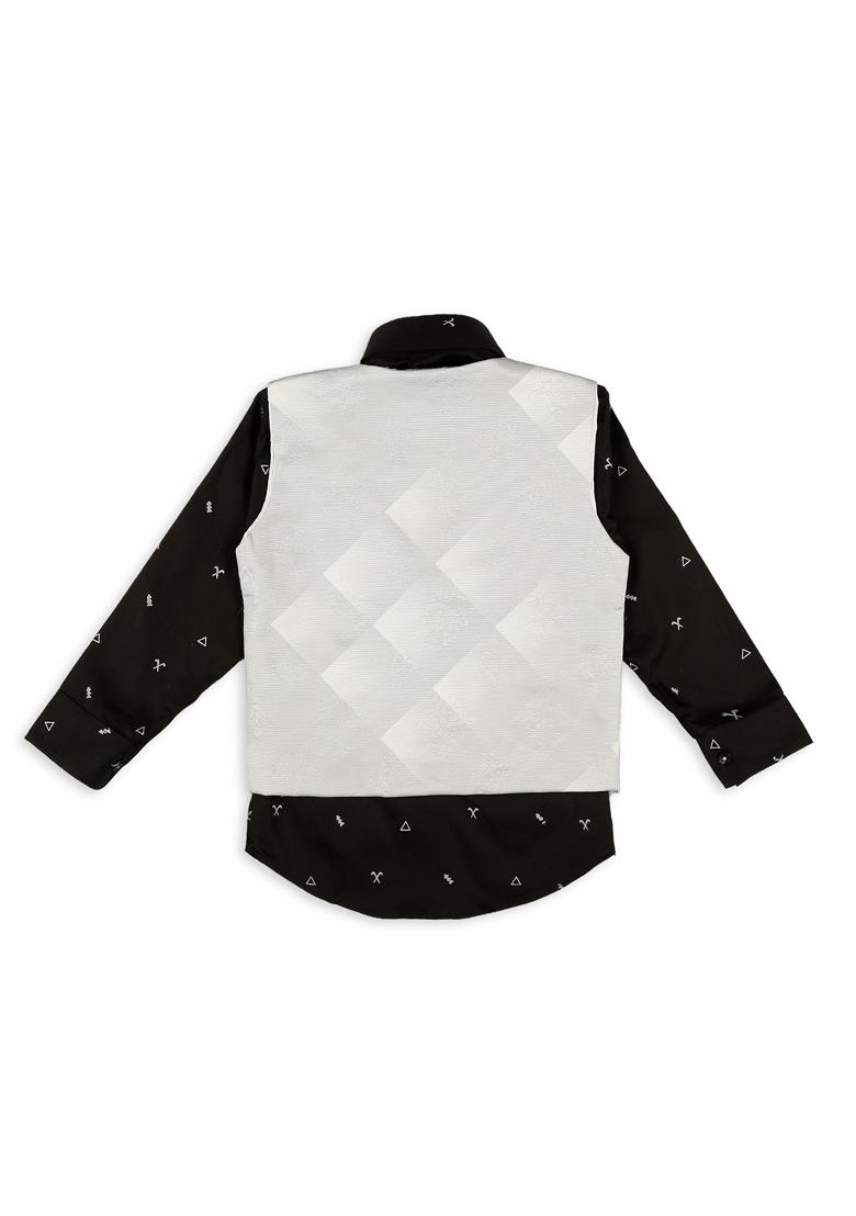 Peach Jacquard Work Cotton Blend Nehru Jacket Set For Boy