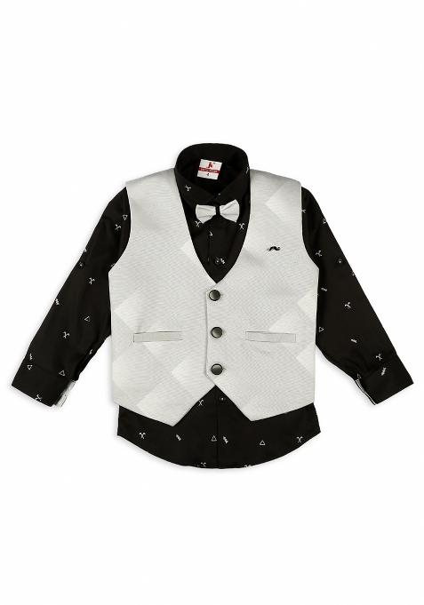 Peach Jacquard Work Cotton Blend Nehru Jacket Set For Boy