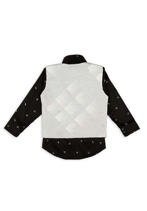 Peach Jacquard Work Cotton Blend Nehru Jacket Set For Boy