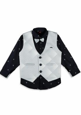 Sky Blue Printed Cotton Blend Nehru Jacket Set For Boy