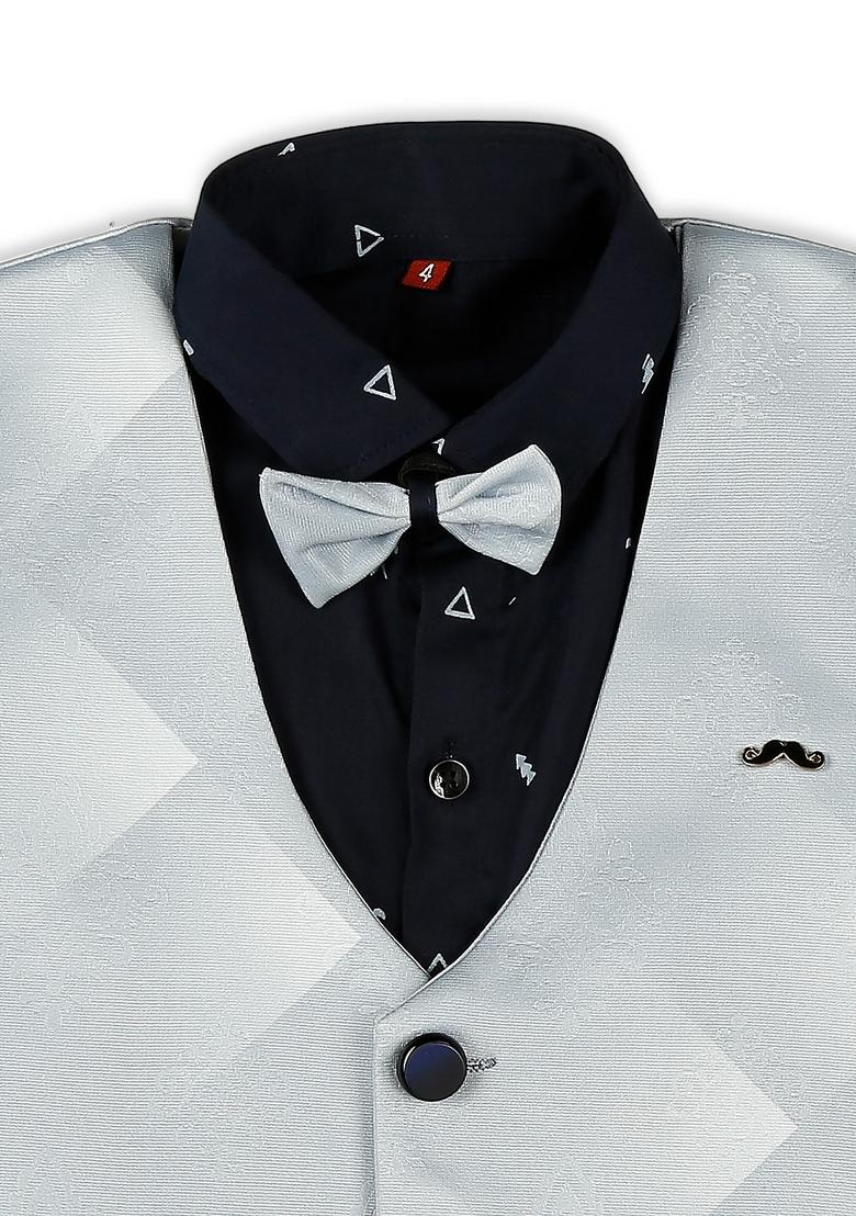 Sky Blue Printed Cotton Blend Nehru Jacket Set For Boy