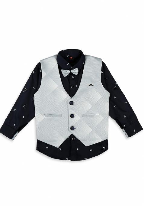 Sky Blue Printed Cotton Blend Nehru Jacket Set For Boy