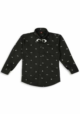 Grey Printed Cotton Blend Nehru Jacket Set For Boy