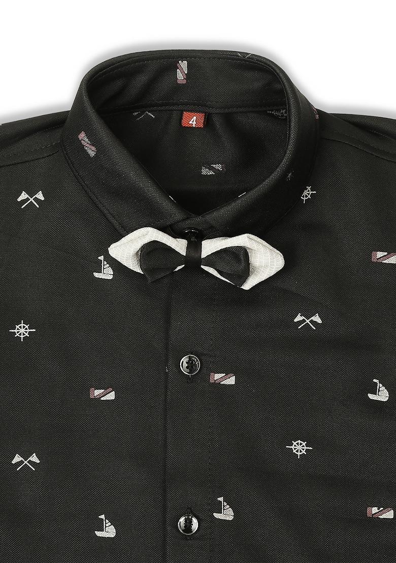 Grey Printed Cotton Blend Nehru Jacket Set For Boy