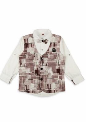 Brown Textured Cotton Blend Nehru Jacket Set For Boy
