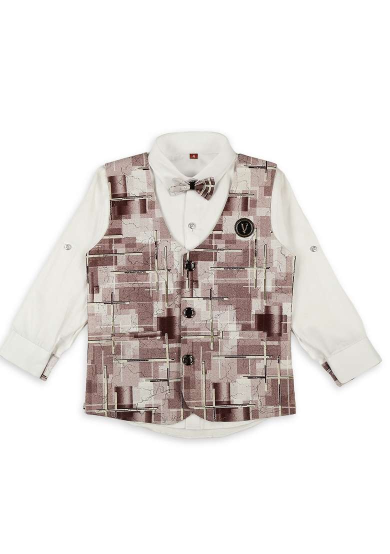 Brown Textured Cotton Blend Nehru Jacket Set For Boy - Indya