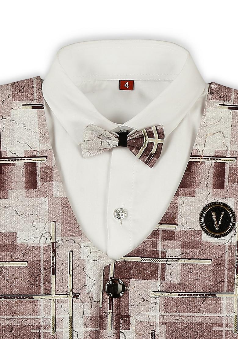 Brown Textured Cotton Blend Nehru Jacket Set For Boy