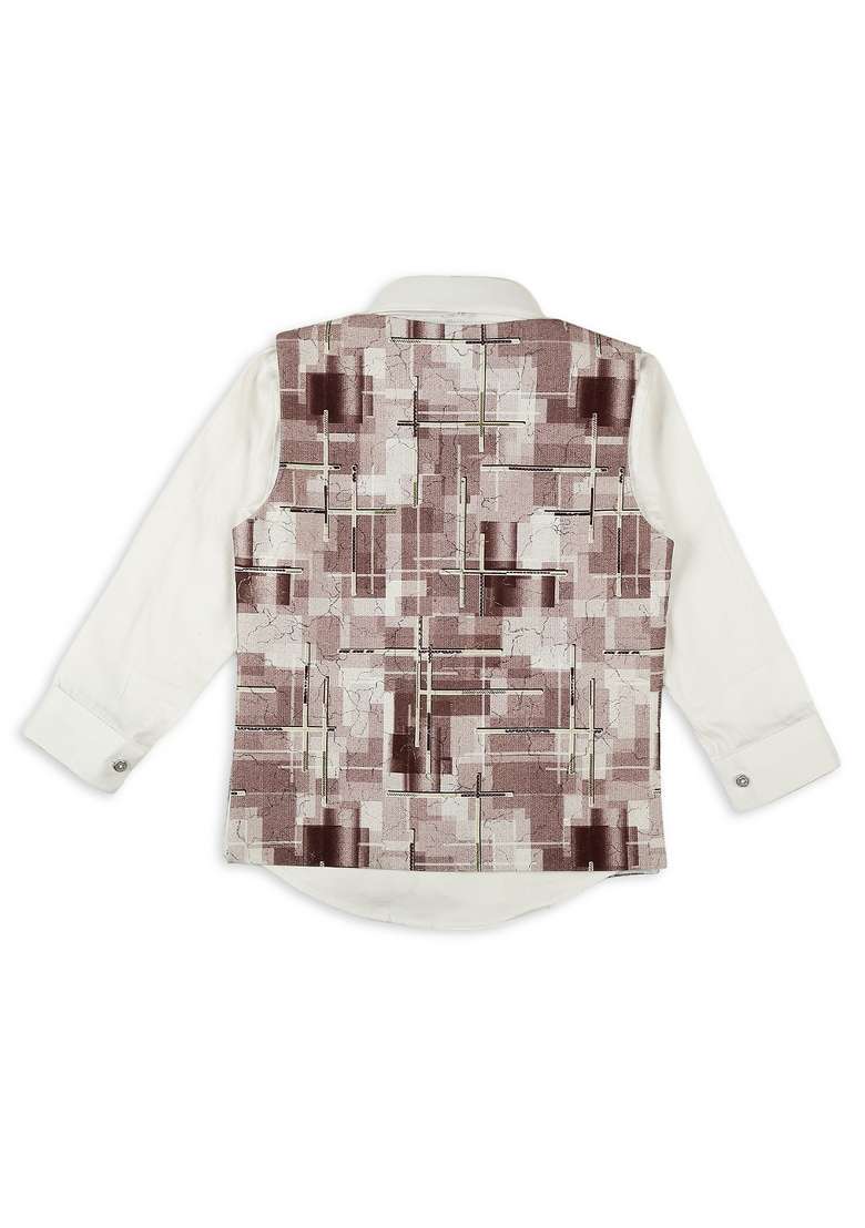Brown Textured Cotton Blend Nehru Jacket Set For Boy - Indya