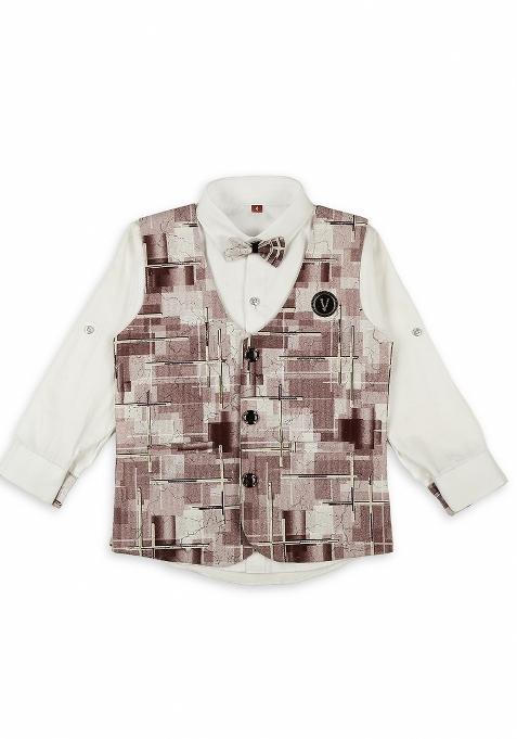Brown Textured Cotton Blend Nehru Jacket Set For Boy