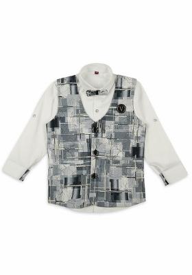 Grey Textured Cotton Blend Nehru Jacket Set For Boy