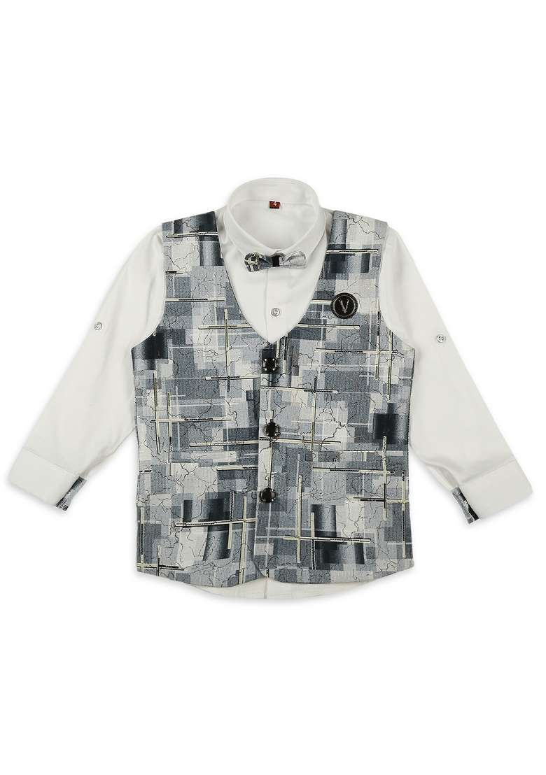 Grey Textured Cotton Blend Nehru Jacket Set For Boy - Indya
