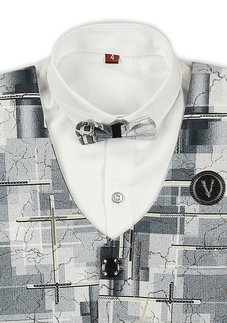 Grey Textured Cotton Blend Nehru Jacket Set For Boy