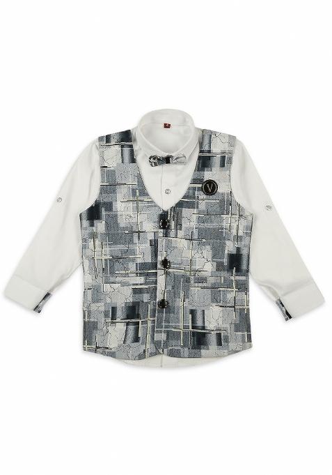 Grey Textured Cotton Blend Nehru Jacket Set For Boy