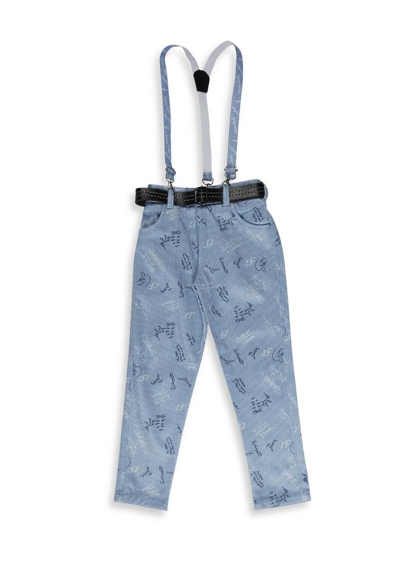 Sky Blue Printed Cotton Blend Nehru Jacket Set For Boy