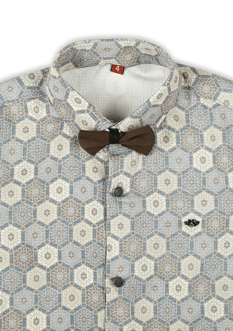 Brown Printed Poly Cotton Kurta Set For Boy