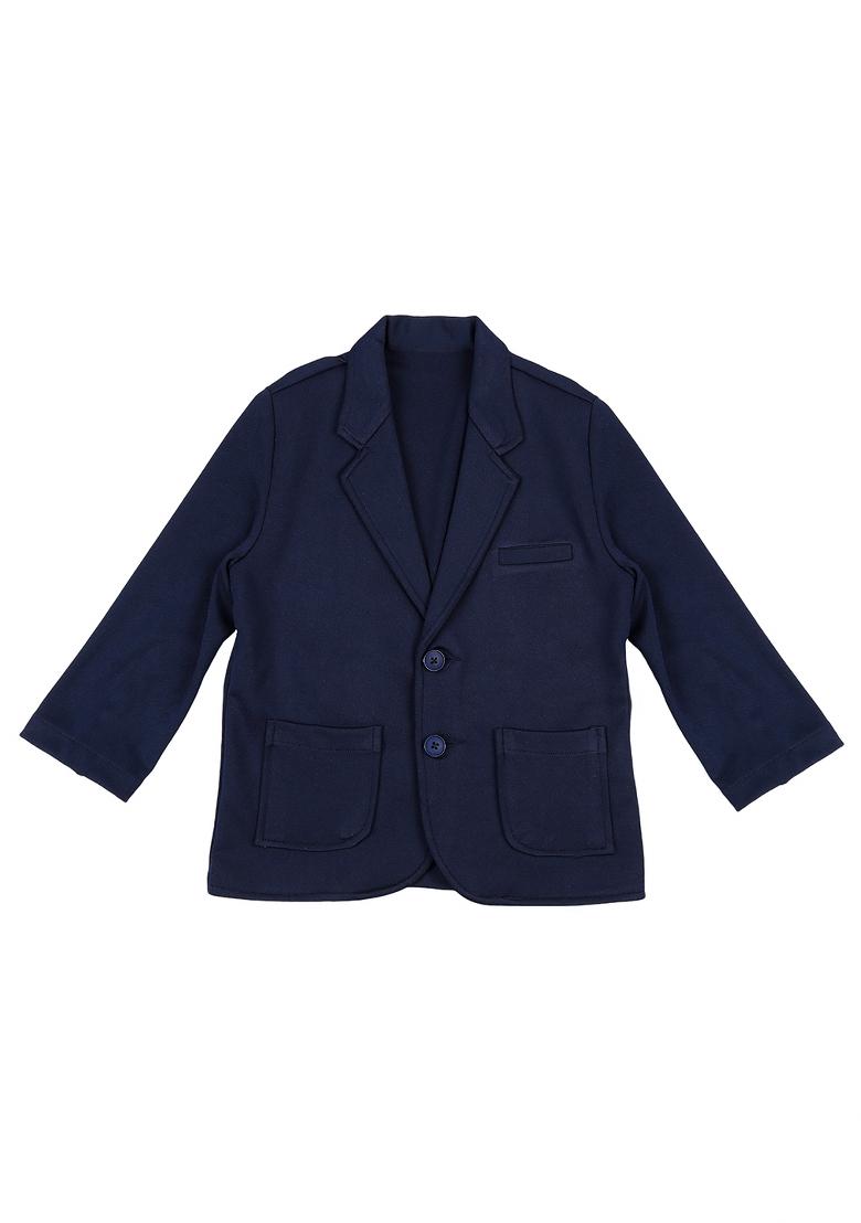 Navy Blue Printed Cotton Nehru Jacket Set For Boy