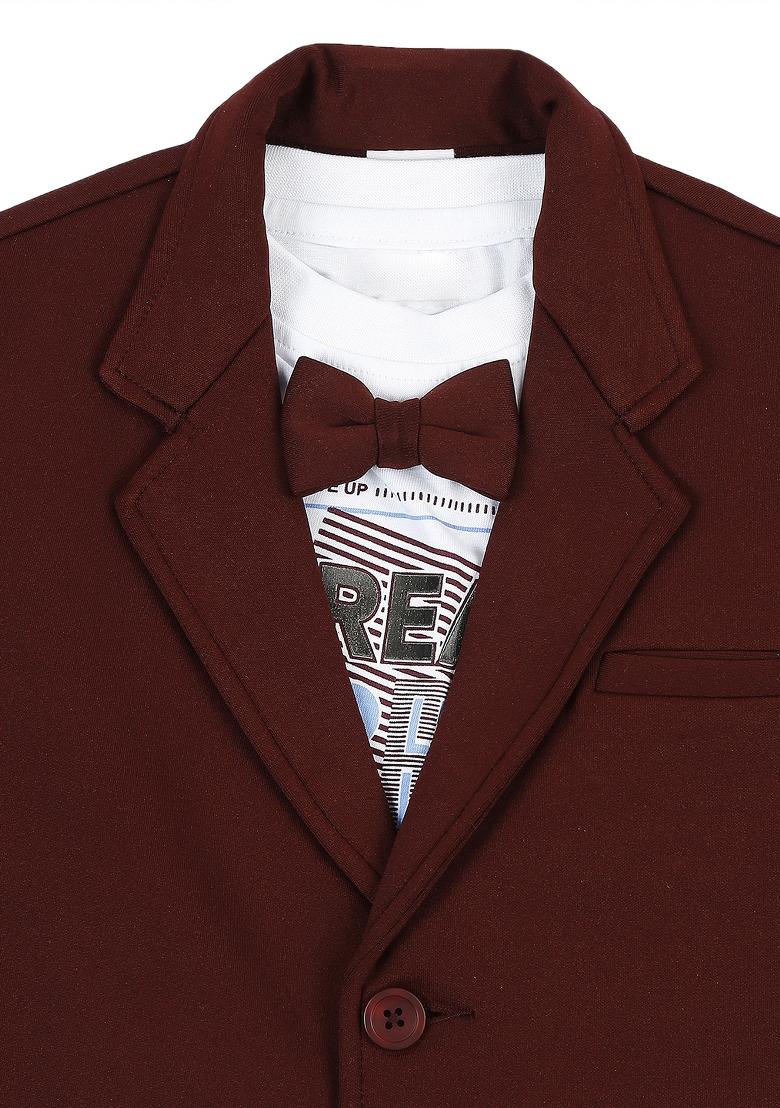 Maroon Printed Cotton Nehru Jacket Set For Boy