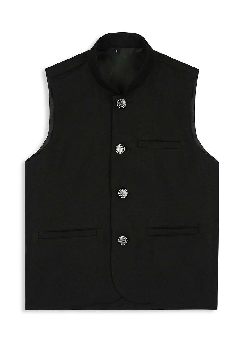 Black Solid Poly Cotton Nehru Jacket - Indya